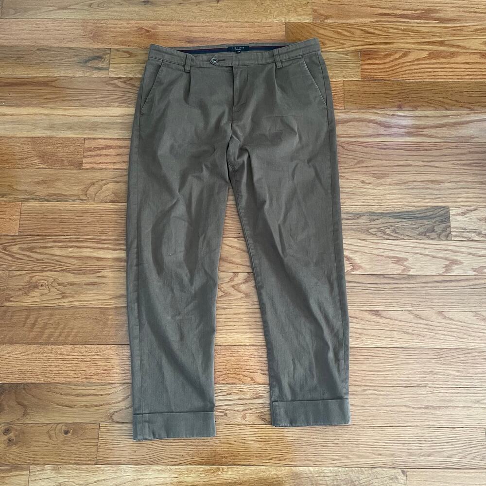 Ted Baker Mens 32R Charl Slim Wide Leg Cuffed Trousers Khaki Classic Chino Pant